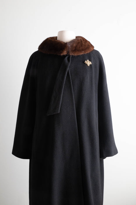 Gorgeous Late 1950's Black Cashmere Cocoon Coat With Mink Collar / ML