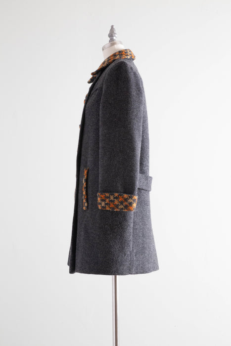 Fall Classic 1960's Charcoal Wool Pea Coat With Pumpkin Houndstooth Trim / Small