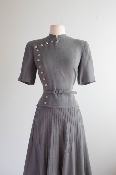 Rare 1940's Louise Barnes Gallagher Wool Day Dress With Silver Buttons / SM