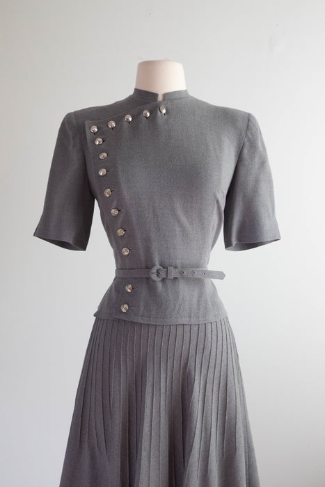 Rare 1940's Louise Barnes Gallagher Wool Day Dress With Silver Buttons / SM