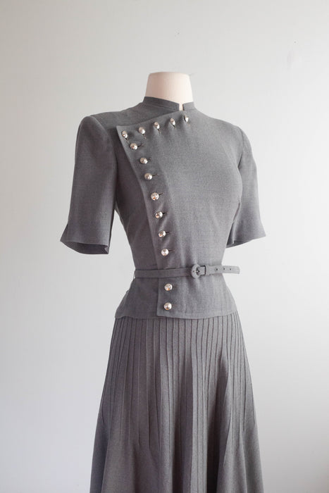 Rare 1940's Louise Barnes Gallagher Wool Day Dress With Silver Buttons / SM