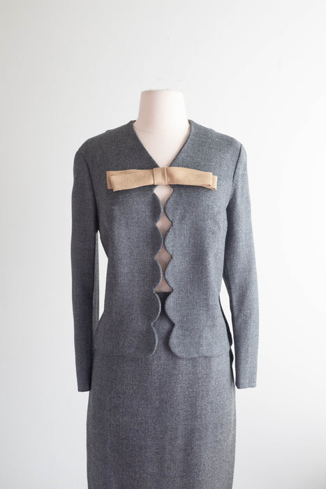 Darling 1960's Ladies Scalloped Grey Wool Suit With Bow / Small