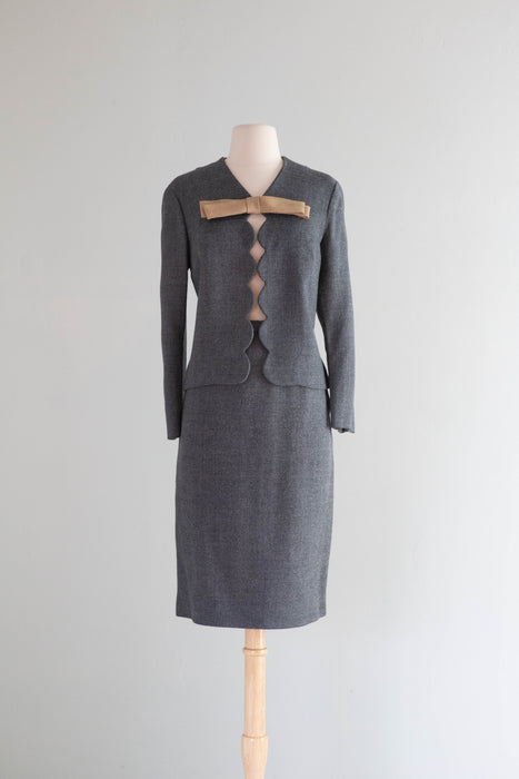 Darling 1960's Ladies Scalloped Grey Wool Suit With Bow / Small