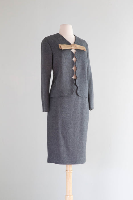 Darling 1960's Ladies Scalloped Grey Wool Suit With Bow / Small