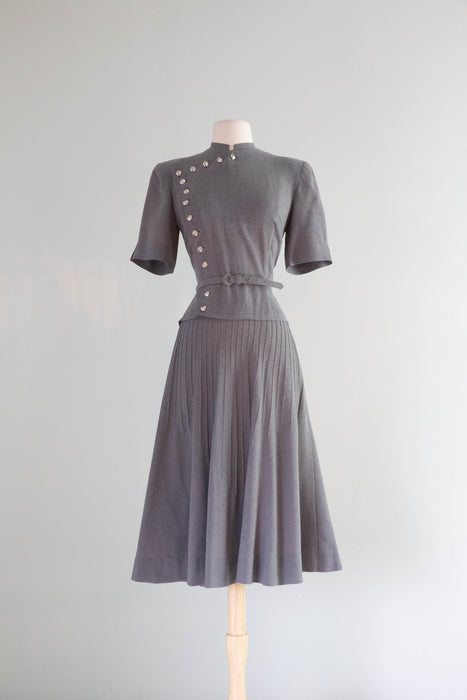 Rare 1940's Louise Barnes Gallagher Wool Day Dress With Silver Buttons / SM