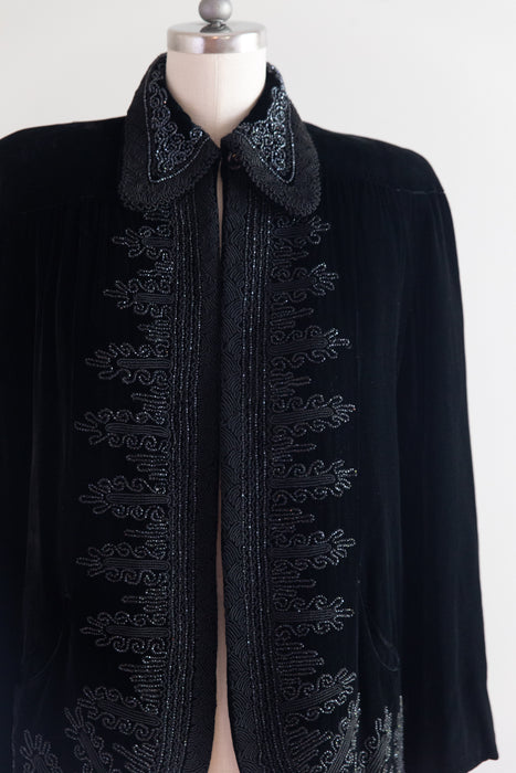 Elegant 1940's Black Velvet Swing Coat With Beading & Corde / SM