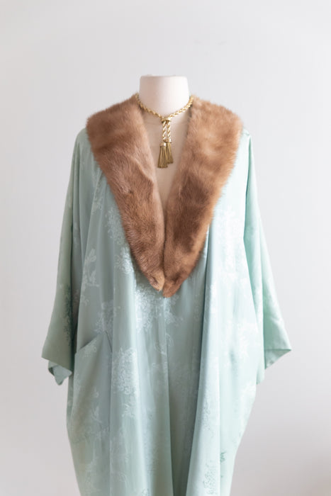 Vintage Celadon Silk Damask Robe with Mink Collar Made in Hong Kong circa 1950s–60s
