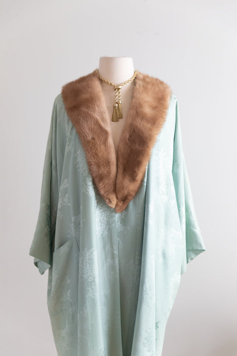 Vintage Celadon Silk Damask Robe with Mink Collar Made in Hong Kong circa 1950s–60s
