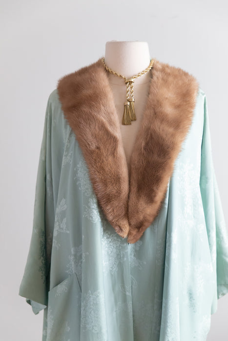 Vintage Celadon Silk Damask Robe with Mink Collar Made in Hong Kong circa 1950s–60s