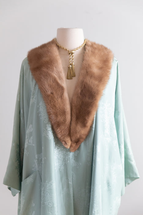 Vintage Celadon Silk Damask Robe with Mink Collar Made in Hong Kong circa 1950s–60s
