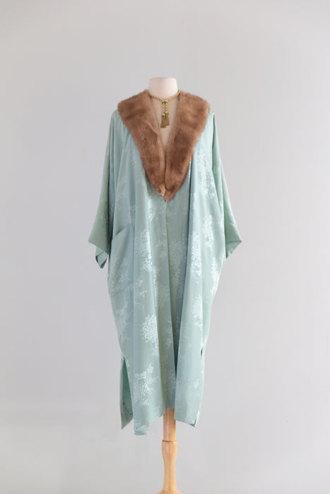 Vintage Celadon Silk Damask Robe with Mink Collar Made in Hong Kong circa 1950s–60s