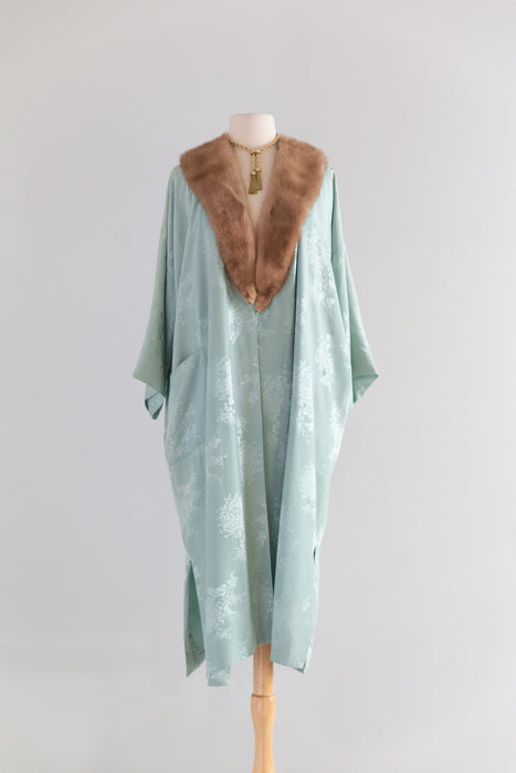 Vintage Celadon Silk Damask Robe with Mink Collar Made in Hong Kong circa 1950s–60s