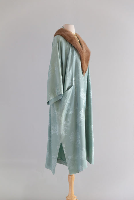 Vintage Celadon Silk Damask Robe with Mink Collar Made in Hong Kong circa 1950s–60s
