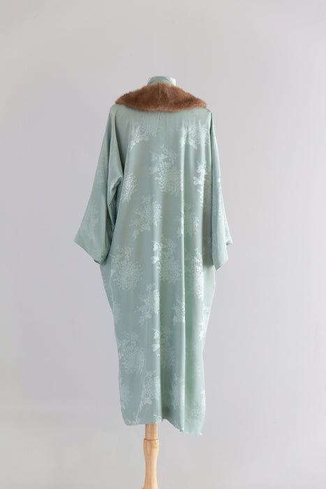 Vintage Celadon Silk Damask Robe with Mink Collar Made in Hong Kong circa 1950s–60s