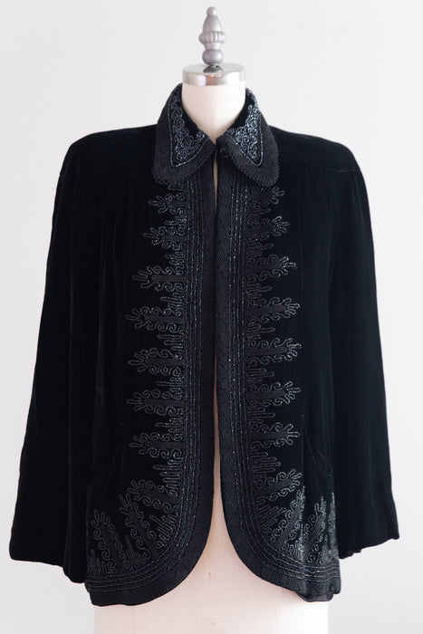 Elegant 1940's Black Velvet Swing Coat With Beading & Corde / SM