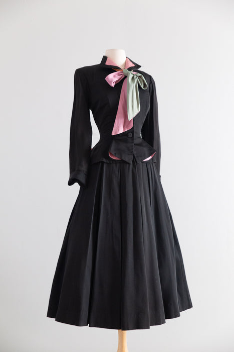 Extraordinary Early 1950's Hattie Carnegie Couture Black Silk Ottoman 4 Piece Suit Set / Small