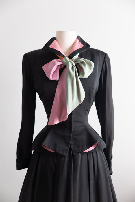 Extraordinary Early 1950's Hattie Carnegie Couture Black Silk Ottoman 4 Piece Suit Set / Small
