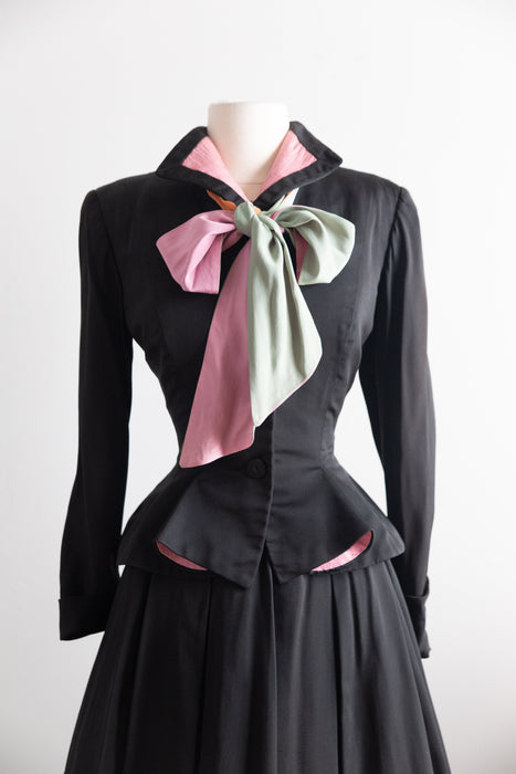 Extraordinary Early 1950's Hattie Carnegie Couture Black Silk Ottoman 4 Piece Suit Set / Small
