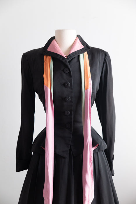 Extraordinary Early 1950's Hattie Carnegie Couture Black Silk Ottoman 4 Piece Suit Set / Small
