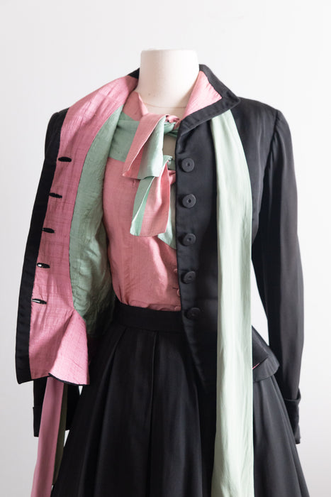 Extraordinary Early 1950's Hattie Carnegie Couture Black Silk Ottoman 4 Piece Suit Set / Small