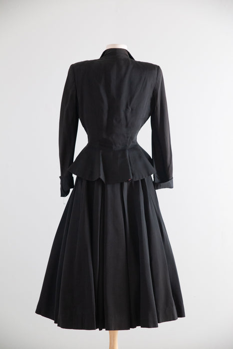 Extraordinary Early 1950's Hattie Carnegie Couture Black Silk Ottoman 4 Piece Suit Set / Small
