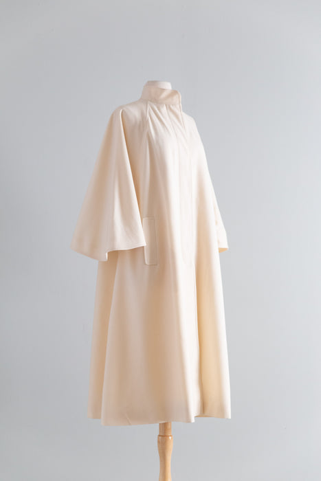 Architectural Geoffrey Beene For Gallant Ivory Wool Gabardine Trapeze Coat, Early 80's / ML