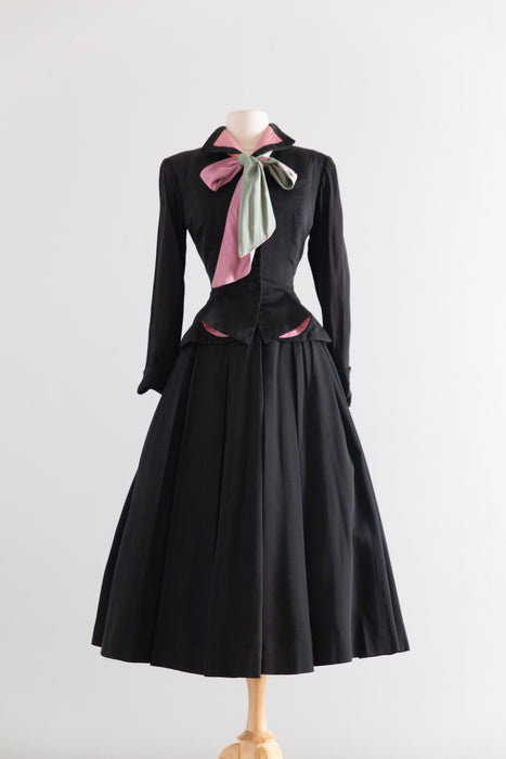 Extraordinary Early 1950's Hattie Carnegie Couture Black Silk Ottoman 4 Piece Suit Set / Small