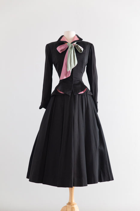 Extraordinary Early 1950's Hattie Carnegie Couture Black Silk Ottoman 4 Piece Suit Set / Small