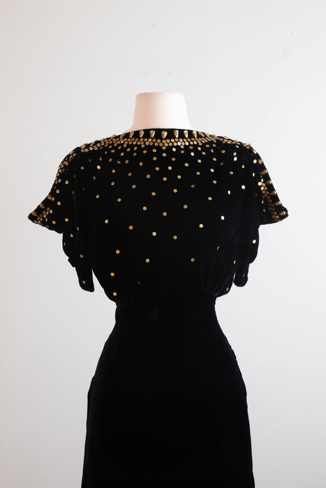 Stunning 1930's OLD HOLLYWOOD Silk Velvet Evening Gown With Gold Studs / Small