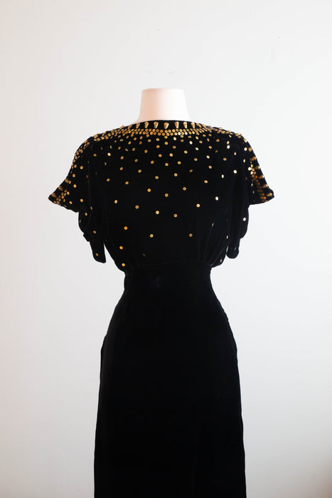 Stunning 1930's OLD HOLLYWOOD Silk Velvet Evening Gown With Gold Studs / Small