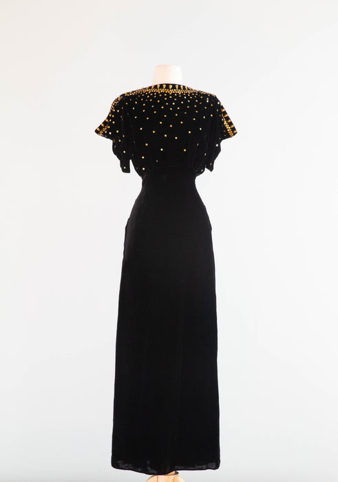 Stunning 1930's OLD HOLLYWOOD Silk Velvet Evening Gown With Gold Studs / Small