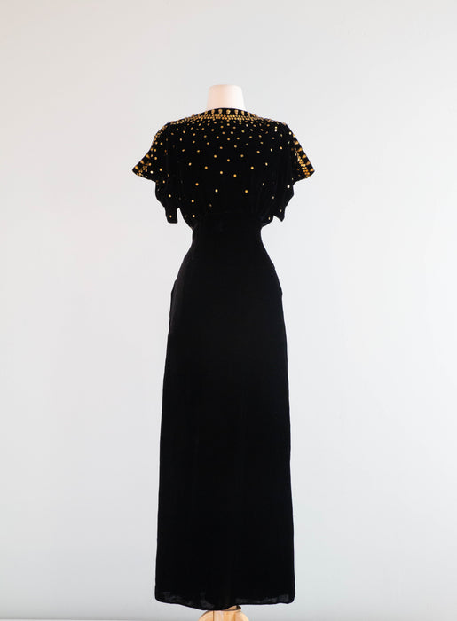 Stunning 1930's OLD HOLLYWOOD Silk Velvet Evening Gown With Gold Studs / Small