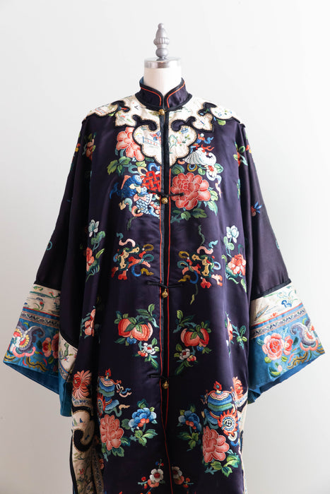 Exquisite Antique Chinese Silk Robe With Peonies Circa 1920 / OS