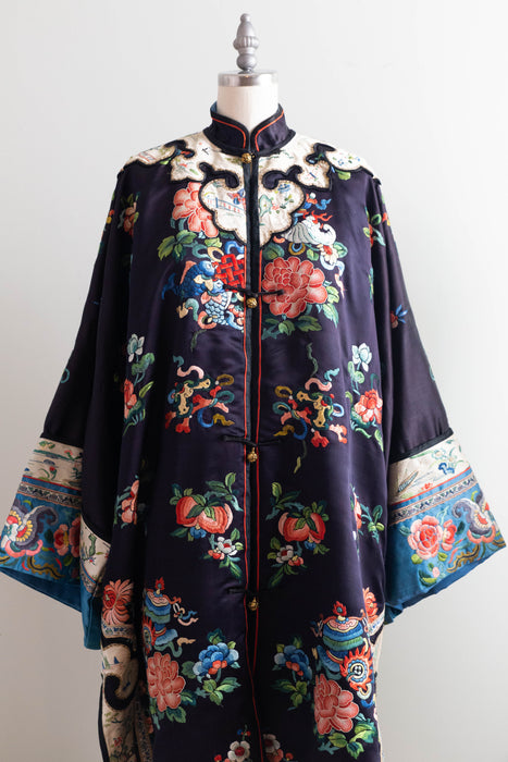 Exquisite Antique Chinese Silk Robe With Peonies Circa 1920 / OS