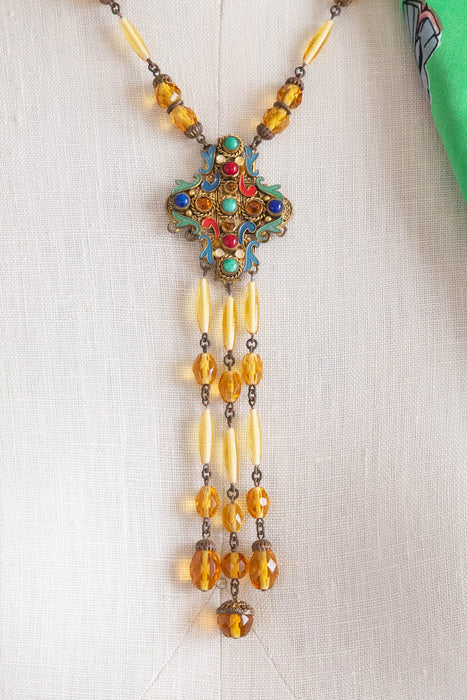 Antique Bohemian Art Nouveau Enameled Glass Necklace, Circa 1910–1925