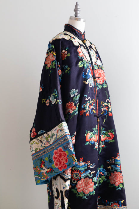 Exquisite Antique Chinese Silk Robe With Peonies Circa 1920 / OS