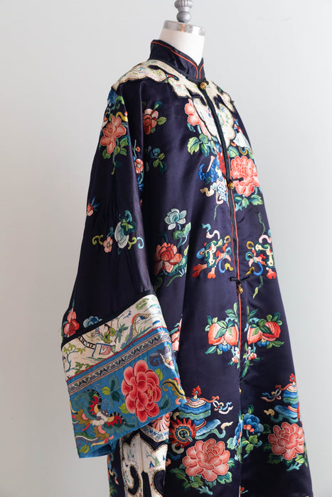 Exquisite Antique Chinese Silk Robe With Peonies Circa 1920 / OS