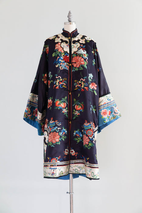 Exquisite Antique Chinese Silk Robe With Peonies Circa 1920 / OS