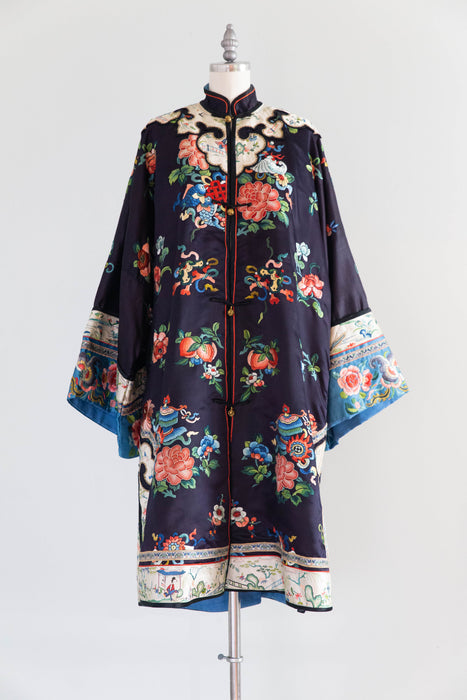 Exquisite Antique Chinese Silk Robe With Peonies Circa 1920 / OS