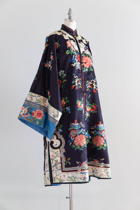 Exquisite Antique Chinese Silk Robe With Peonies Circa 1920 / OS