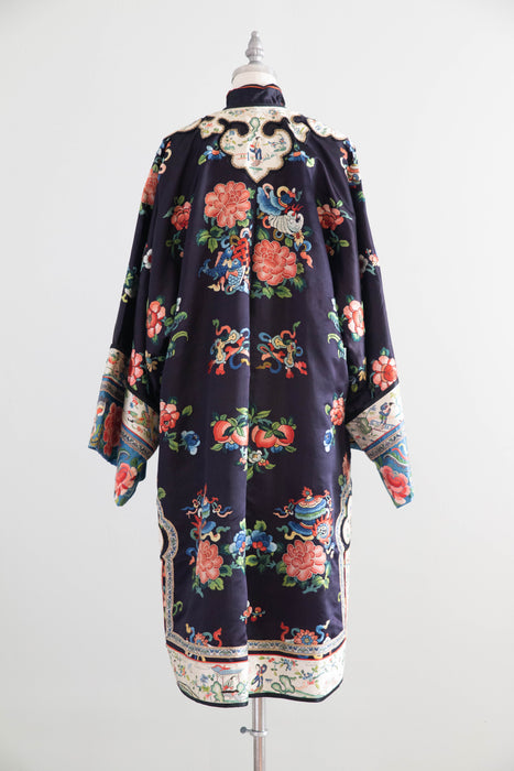 Exquisite Antique Chinese Silk Robe With Peonies Circa 1920 / OS