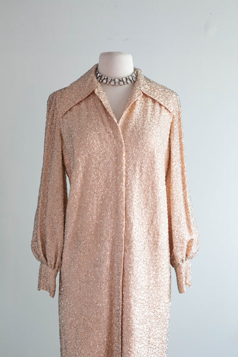 Fabulous 1960's Fully Beaded Shirt Style Cocktail Dress / Medium