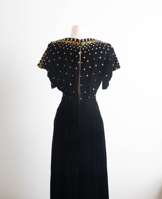 Stunning 1930's OLD HOLLYWOOD Silk Velvet Evening Gown With Gold Studs / Small