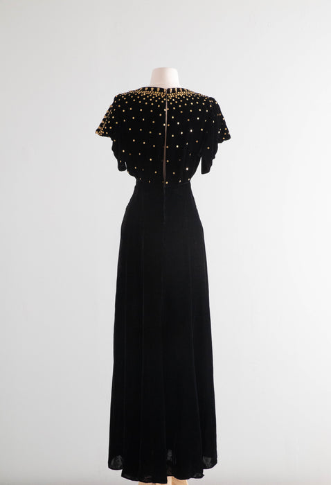 Stunning 1930's OLD HOLLYWOOD Silk Velvet Evening Gown With Gold Studs / Small