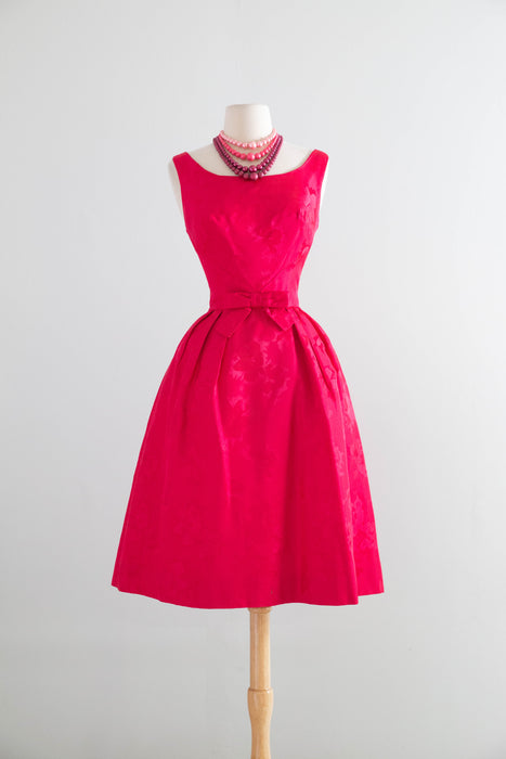 Iconic 1950s Shocking Pink Floral Brocade Cocktail Dress and Matching Coat Ensemble / S