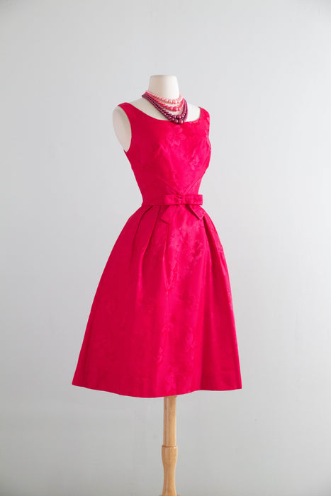 Iconic 1950s Shocking Pink Floral Brocade Cocktail Dress and Matching Coat Ensemble / S