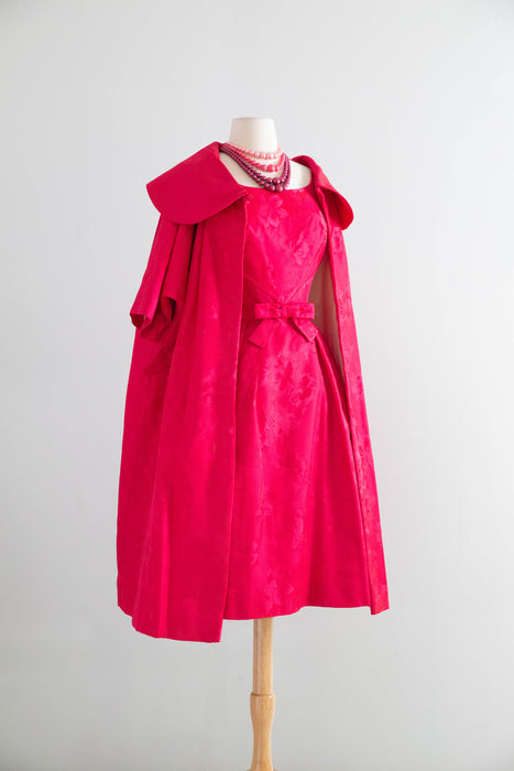 Iconic 1950s Shocking Pink Floral Brocade Cocktail Dress and Matching Coat Ensemble / S