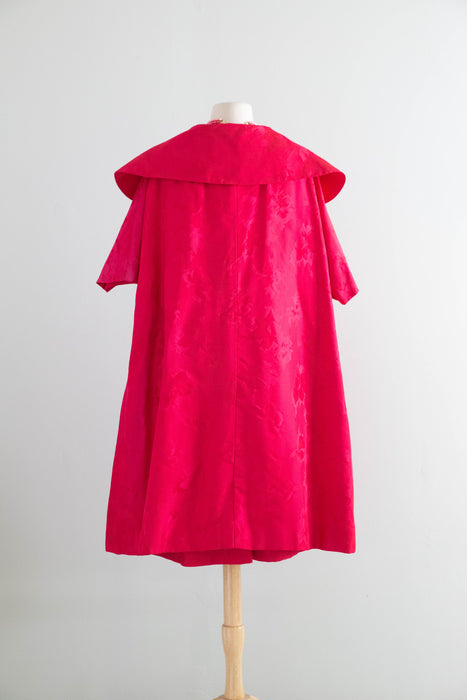 Iconic 1950s Shocking Pink Floral Brocade Cocktail Dress and Matching Coat Ensemble / S