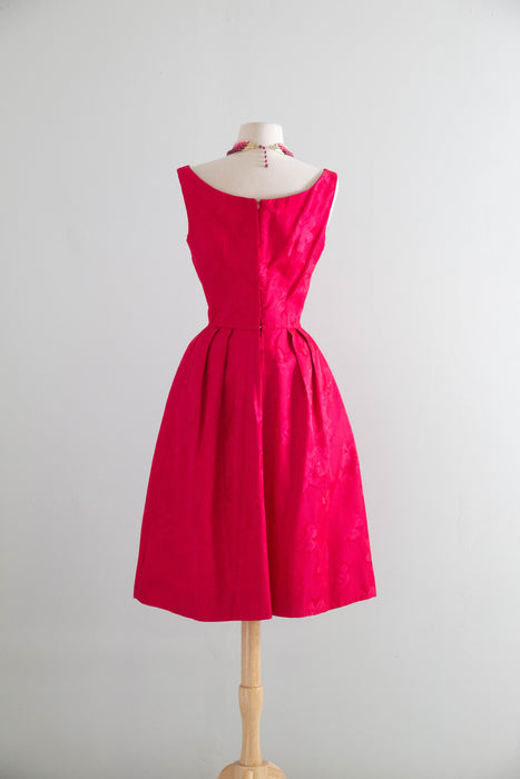 Iconic 1950s Shocking Pink Floral Brocade Cocktail Dress and Matching Coat Ensemble / S