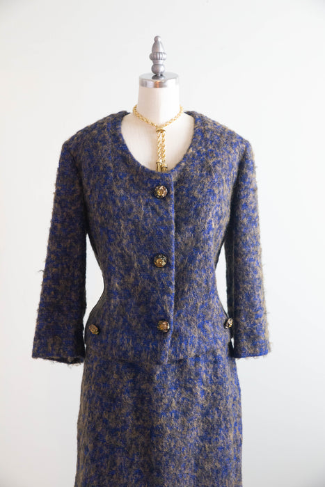 Timeless Chic 1960s Blue and Taupe Mohair Bouclé Chanel Inspired Two Piece Suit / M
